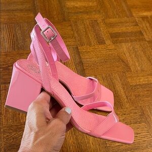 Vince Camuto, patent Pink Strappy Block Heel Sandals